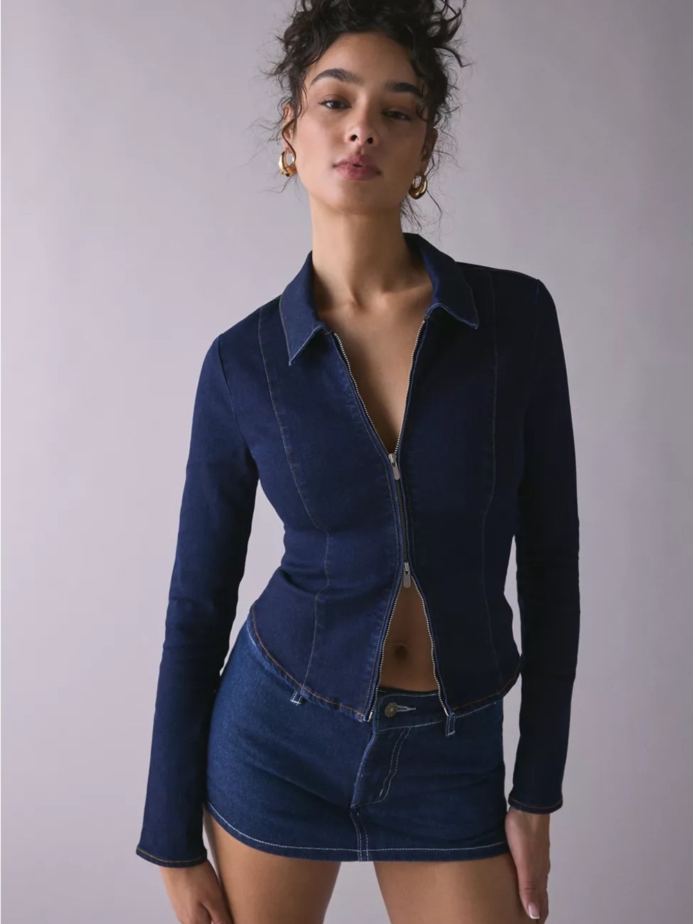UO lediaDark Indigo Denim Zip-Up top